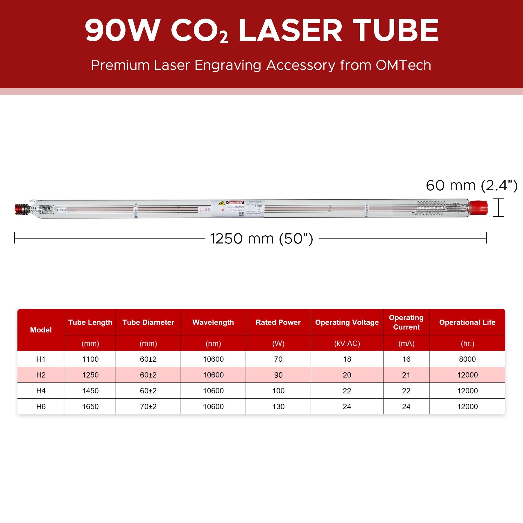 90W CO2 Laser Tube for Laser Engraving Machines & Cutters | YL-90
