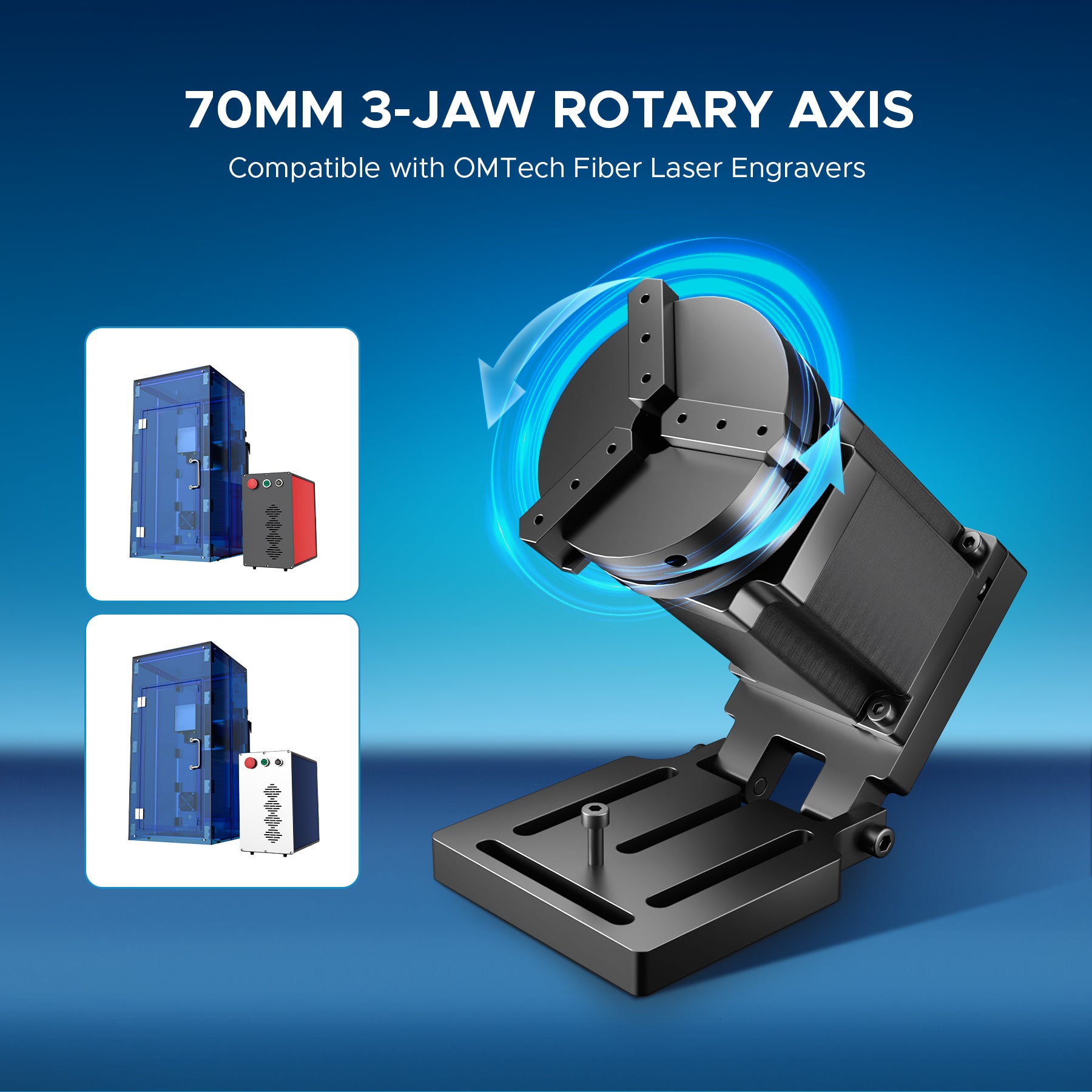 70mm Rotary Axis Attachment for MOPA and Fibre Laser Engraver with 3 Jaw Rotary Chuck | LRA-MN70
