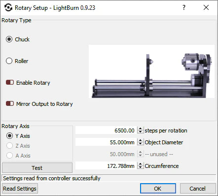 laser rotary attachment setup in lightburn