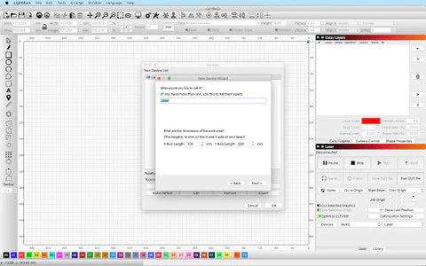 open your Lightburn laser software and click on Laser in the Windows menu item