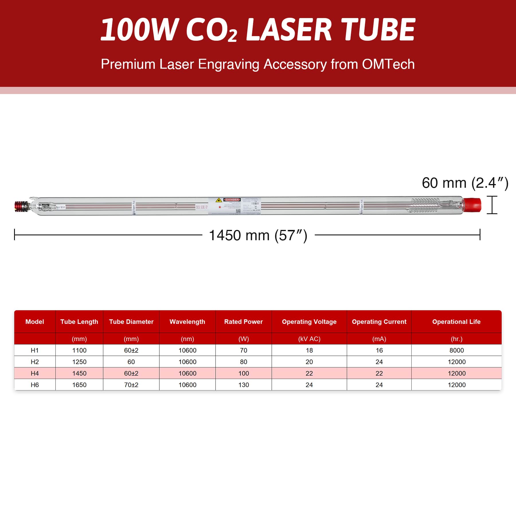 YL CO2 Laser Tube Replacement Specification