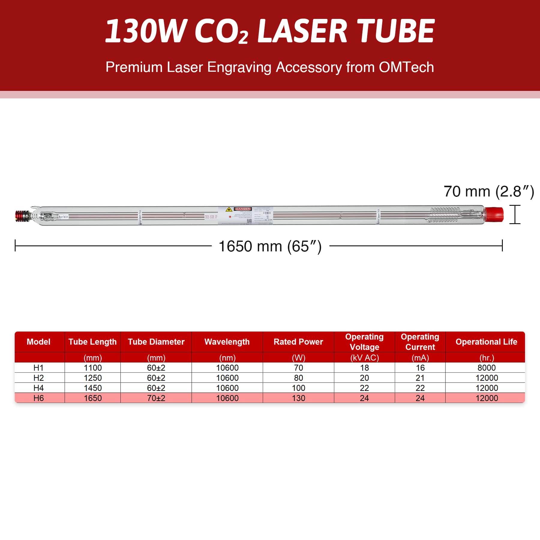 YL CO2 Laser Tube Replacement Specification
