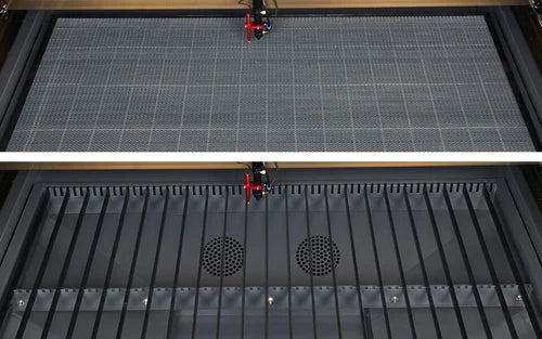 What are a honeycomb cutting table and an aluminum slat cutting table in a CO2 laser engraving machine?