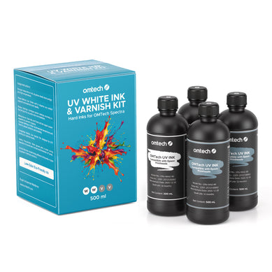 OMTech 4-Bottle 500 ml UV Ink Set, White Ink & Gloss Varnish
