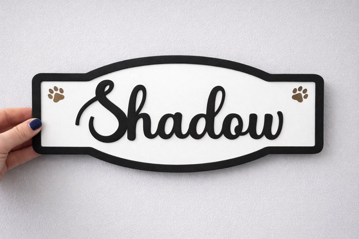 Personalized pet name tag with 'Shadow' on a white background